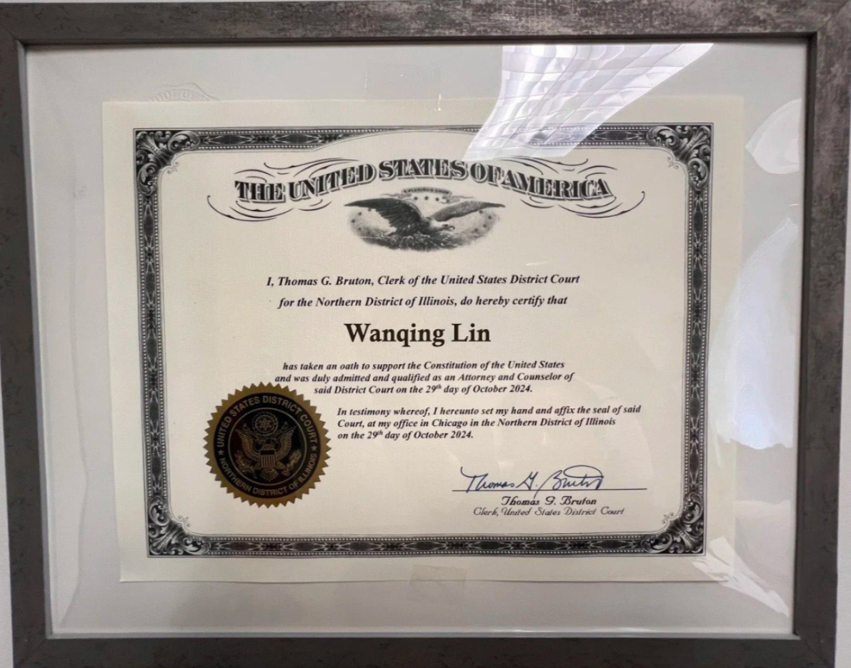 Framed certificate with a seal on a white background